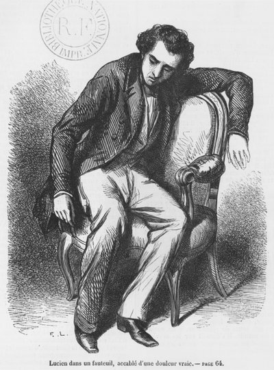 Lucien de Rubempre murheen vallassa, kuvitus Honore de Balzacin teoksesta "Les Illusions perdues" tekijältä French School