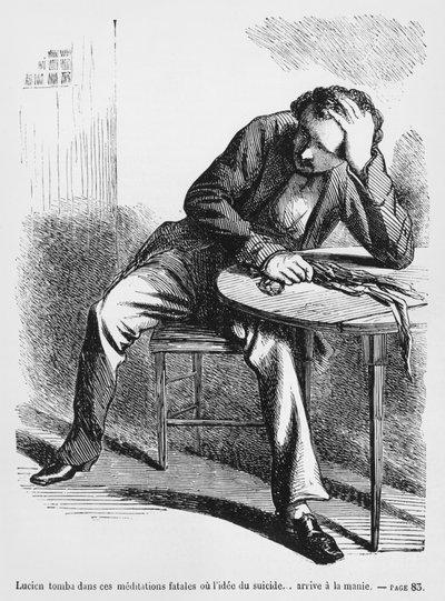 Lucien de Rubempre ajattelee itsemurhaa, Honore de Balzacin kuva Splendeurs et Miseres des Courtisanesista, julkaistu 1867 tekijältä French School