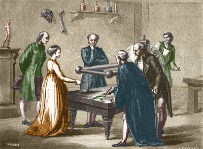 Luigi Galvani, professori Bolognasta, löysi vuonna 1780 sammakon lihasten ärtyisyyden sähkön vaikutuksesta - teoksessa "Album of Science; maineikkaat tiedemiehet; Suuria löytöjä””” 1896. tekijältä French School