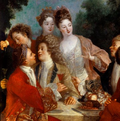 Lounas Parc Des Noblesissa maalaisjuhlissa. Yksityiskohta 1700-luvun ranskalaisen koulun maalauksesta. Orleansin taidemuseo tekijältä French School