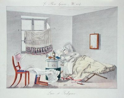 Ylellisyys ja köyhyys, levy 104 Le Bon Genrestä, 1800-luvun alku (värillinen kaiverrus) tekijältä French School