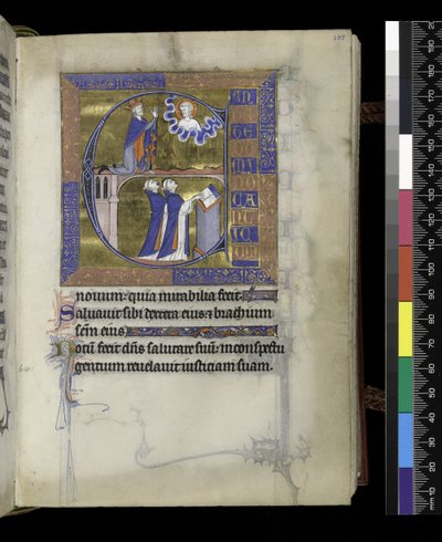 MS 300 f.107r, Daavid rukoilee Jumalaa (ylhäällä), kaksi pappia (alla), Psalter and Hours of Isabella of France, Paris, n. 1265-1270 (kynä & muste ja tempera pergamentilla) tekijältä French School