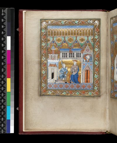MS 300 f.IIIv, David, esitetty kahdesti, saa tiedon Absalomin kuolemasta Isabellan psalterista ja tunneista, Pariisi, n. 1265-1270 (kynä ja muste ja tempera pergamentilla) tekijältä French School