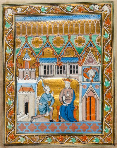 MS 300 fol.VIIi Kuningas Daavid vastaanottaa uutisen Absalomin kuolemasta Ranskan Isabellin psalteritunneilta, n. 1255 tekijältä French School