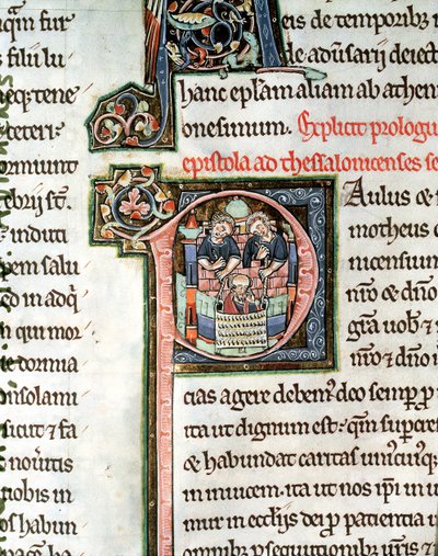 MS 3 Fol. 291v Pyhän Paavalin pako Damaskoksesta, valaistu alkukirjain P, 1200-luku, Avranchesin Raamatusta tekijältä French School