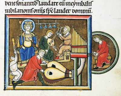 MS CXXXVII fol. 149r, kuningas Daavid pitelee psalteria ja soittavat muusikot, Pyhän Elisabetin psalterista (tempera & kultalehti persulla) tekijältä French School