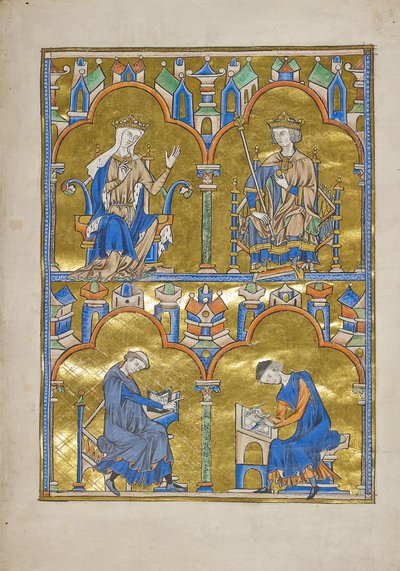 MS M.240 f.8r, Kastilian Blanche ja Ranskan kuningas Ludvig IX ja sitä vanhemmat: kirjailija sanelemassa kirjanoppijalle, Saint Louisin raamattu (moralisoitu raamattu), luultavasti Pariisi tekijältä French School