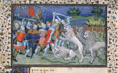MS Royal 20 B.XX fol.50v Aleksanteri Suuri (356-323 eKr.) taistelee valkoisten leijonien kanssa, Pseudo-Callisthenesin teoksesta "La Vraye Histoire du Bon Roy Alixandre", 1400-luvun alku (vellum) tekijältä French School