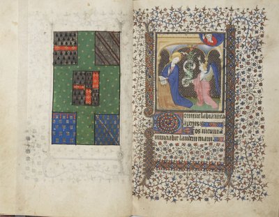MS Widener 4, ff.26v-27r, Coat of Arms and the Annunciation, kirjasta Tuntikirja, Rennesin käyttö, n. 1405 (kynä ja muste ja tempera vellum) tekijältä French School