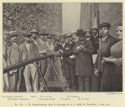 M Santos-Dumont nro 5:n pelastamisen jälkeen, Ruelle du Trocadero, 8. elokuuta 1901 (kaiverrus) tekijältä French School