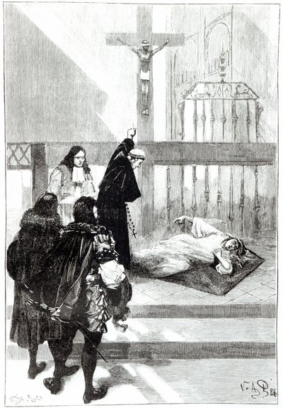 Madame de Sazilles manataan herttua Gaston dOrleansin läsnäollessa, Louis Figuierin kuva Loudunin riivaamasta Les Mysteres de la Sciencessa, 1886. tekijältä French School