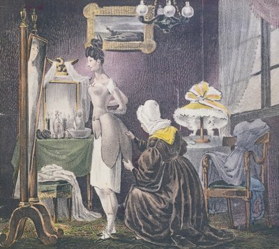 Maid avustaa emäntänsä pukeutumaan pehmusteisiin rintoihin ja alaosaan, n. 1830 tekijältä French School