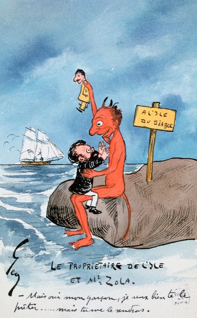 Mutta kyllä, poikani, haluan lainata sen sinulle..., sarjakuva Zolasta ja paholaista Devils Islandilla keskustelemassa Dreyfus-tapauksesta (wc paperilla) tekijältä French School