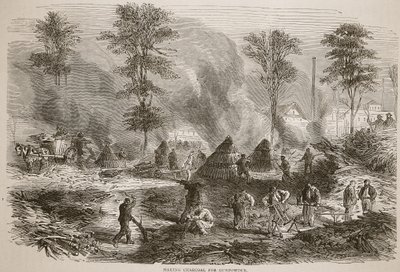 Hiilen valmistus ruutia varten, kuva Cassellsista Ranskan ja Saksan välisen sodan historia, 1870-1871 tekijältä French School