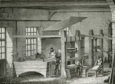 Paperin valmistus käsin seulomalla massa muotoihin. Kaiverrus c1870. tekijältä French School