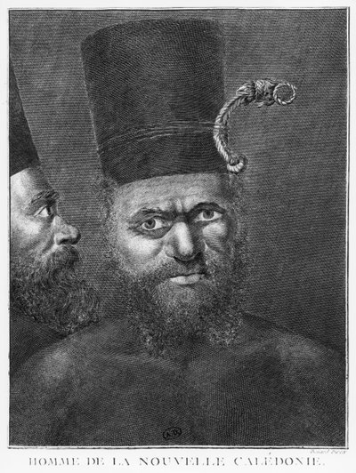 Mies Uudesta Kaledoniasta, kuvitus kapteeni James Cookin toisesta matkasta, kaivertanut Benard (1700-luku) 1774 tekijältä French School