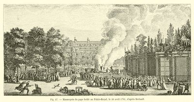 Bertaultin mukaan paavin mallinukke poltettiin Palais-Royalissa 16. huhtikuuta 1791 tekijältä French School