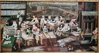 Pelikorttien valmistus talossa Place Dauphine -rakennuksessa (suunnittelu viuhkalle, guassi paperille, n. 1680) tekijältä French School