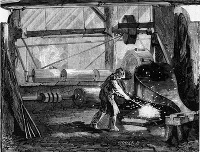 Kivääritykkien valmistus: rautanauhat ovat punaisia tyhjiä. Kaiverrus "" Le Monde Illustré" -julkaisussa nro 35, 12. joulukuuta 1857. tekijältä French School