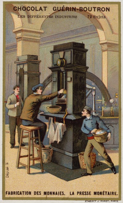 Kolikoiden valmistus. Kolikkopuristin (chromolitho) tekijältä French School