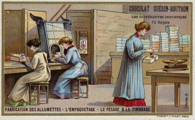 Valmistus tulitikut. Pakkaus, punnitus ja leimaaminen (chromolitho) tekijältä French School
