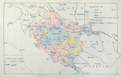 Bosnian kartta, jossa yksityiskohdat etnisten vähemmistöryhmien miehittämistä alueista, 1910 (kynä, muste & wc) tekijältä French School