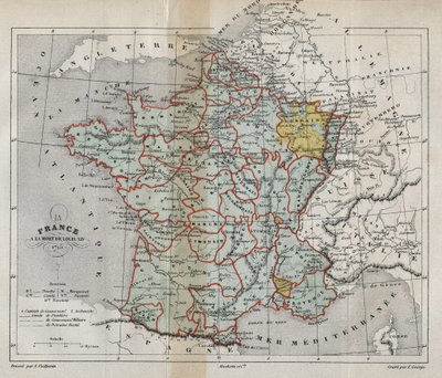Ranskan kartta Louis XIV:n kuolemasta vuonna 1715 - Plan de La france a la mort de Louis XIV en 1715 - Victor Duruyn (1811-1894) kaiverrus "" Histoire de France" -kirjoitukseen - 1882 tekijältä French School