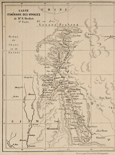 Laosin ja Mekong-joen kartta, joka näyttää Henri Mouhotin matkan reitin, kuva julkaisusta Matkat Indo-Kiinan (Siamin), Kambodžan ja Laosin keskiosissa vuosina 1858, 1859, a tekijältä French School