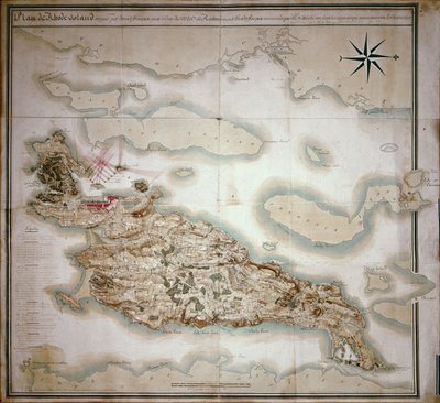 Rhode Islandin kartta Ranskan armeijan miehityksen aikana 1780-81 Rochambeaun kreivin Jean-Baptiste de Vimeurin (1725-1807) käskystä tekijältä French School
