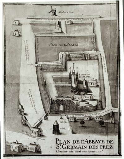 Kartta Saint-Germain-des-Presin luostarista, 1713 (muste ja guassi paperille) tekijältä French School