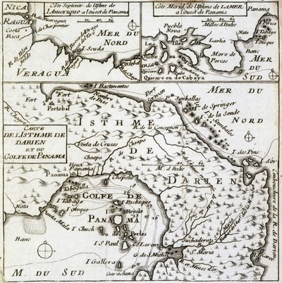 Darienin kannaksen ja Panamanlahden kartta Guillaume Dampierin (William Dampier) ""Uusi matka maailman ympäri"" tekijältä French School