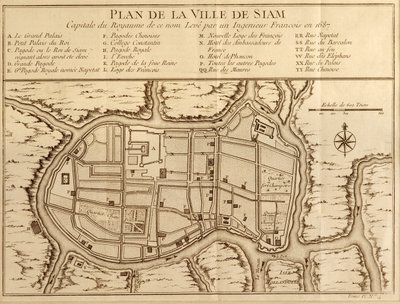 Kartta Siamin kaupungista, tuonnimisen valtakunnan pääkaupungista ranskalaisen insinöörin vuonna 1687 tekemän tutkimuksen jälkeen, julkaistiin Antoine Prevostin Histoire Generale des Voyages -julkaisun 1751 painoksessa. tekijältä French School