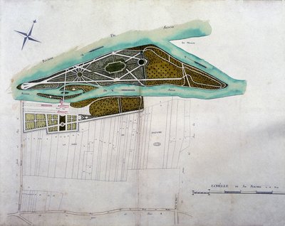 Kartta Moulin Jolyn puutarhasta. Colombesin alueen suunnitelmakartan levy (1780), säilytetty kansallisarkistossa. tekijältä French School