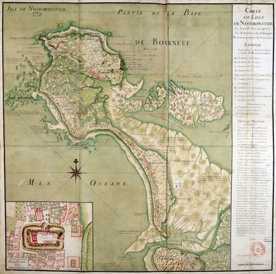 Noirmoutier-saaren kartta sekä linnan kartta, tehty vuonna 1769. tekijältä French School