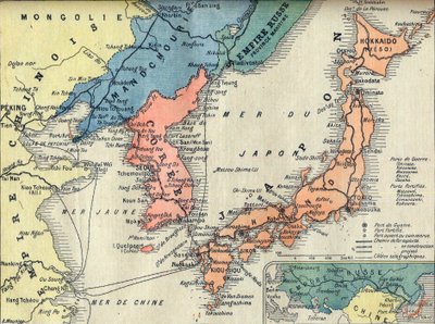 Kartta Venäjän ja Japanin sodan teatterista. Sotateatterin kartta Venäjän ja Japanin sota (Japanin Russo War) - kuvitus Le petit Journalille, 28. helmikuuta 1904 tekijältä French School