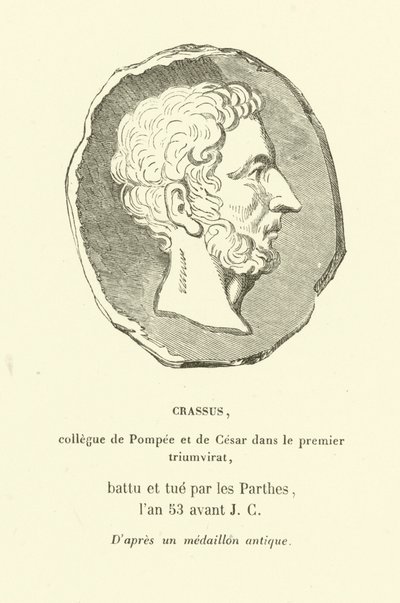 Marcus Licinius Crassus, Pompeius Suuren ja Julius Caesarin kollega ensimmäisessä triumviraatissa, tappoi partiolaisia vastaan vuonna 53 eKr. (kaiverrus) tekijältä French School