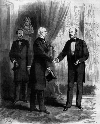 Marechal Patrice de Mac Mahon (Mac-Mahon) (1808-1893) onnittelee seuraajaansa Ranskan tasavallan presidentiksi Jules Grevyä (1807-1892). Kaiverrus "" Le Monde Illustré" -julkaisussa nro 1141, 8. helmikuuta tekijältä French School