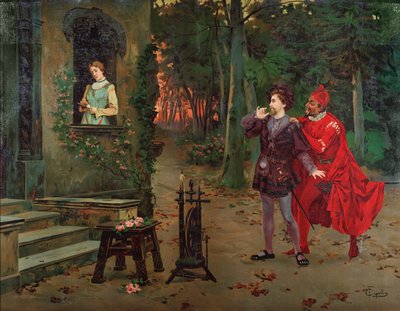 Marguerite, Faust ja Mephisto kohtaus Charles Gounodin (1818-1893) Faustista. noin 1900. tekijältä French School