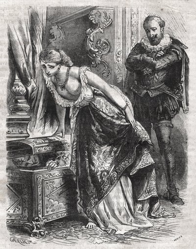 Marguerite de Valois (1553-1615), joka tunnetaan nimellä Queen Margot, piilottaa rakastajansa Julien de Lerisin tallelokeroon. Hänen miehensä, Ranskan kuningas Henrik IV (1553-1610), tarkkailee kohtausta hauskasti. 16. vuosisata. Kaiverrus vuodelta 1871 te tekijältä French School