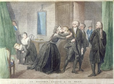 Marie-Antoinette (1755-1793) jättää hyvästit pojalleen Dauphinille, Louis-Charles de Bourbonille (1785-1795) temppelissä, 3. heinäkuuta 1793 (värikaiverrus) tekijältä French School