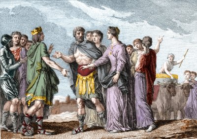 Ranskan kuninkaan Clovis 1:n (481-511) avioliitto Clotilden (Sainte Clotilde, noin 475-545) (kuningatar) kanssa vuonna 493. Kaiverrus 1700-luvulta. tekijältä French School