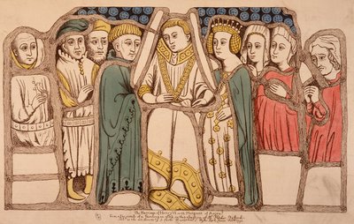 Englannin Henrik VI:n (1421 - 1471) ja Anjoun Margaritan (1429 - 1482) avioliitto vuonna 1445. Kaiverrus vuodelta 1793. Raamattu. Arts Deco Pariisissa. tekijältä French School