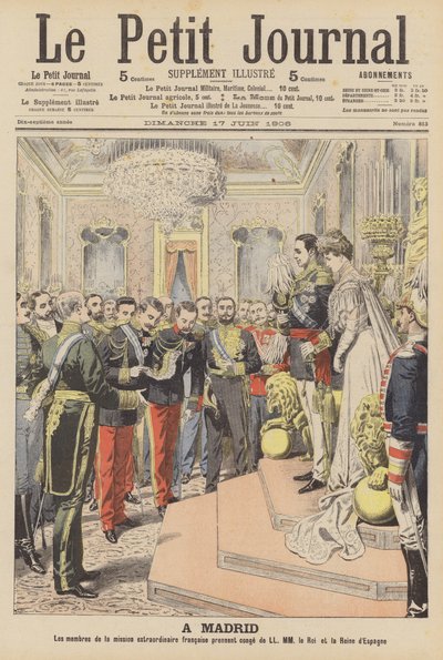 Espanjan kuninkaan Alfonso XIII:n ja Victoria Eugenien Battenbergin avioliitto (väri litho) tekijältä French School