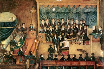 Miespuolisen vapaamuurarin vapaamuurarien vihkimisseremonia, 1800-luvun alku (wc paperilla) tekijältä French School