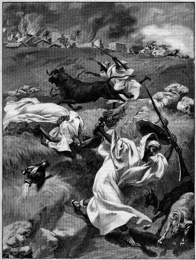 Massacres du Touat (Pohjois-Afrikka). Kaiverrus "La Terre Illustree" -lehdessä nro 54, 12. marraskuuta 1891. tekijältä French School