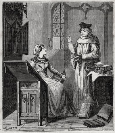 Matthieu Lansbert (Lansberg, Lansbergh, Laensberg tai Laensbergh) (1400-1500-luvulla) et sa veljentytär - Kaiverrus "" Tieteet kaikkien saataville - fysiikka ja kemia", kirjoittaja Alexis Clerc - 1800-luvun loppu - Yksityinen kokoelma tekijältä French School