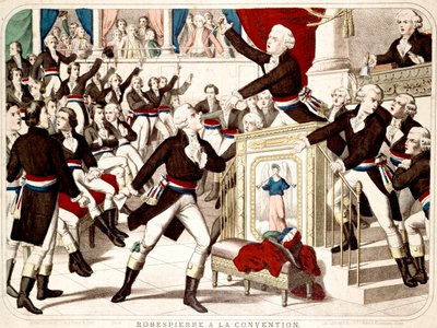 Maximilian Robespierre konventissa (Seance of 19 Thermidor 1794), Jean Lambert (Jean-Lambert) Tallian uhkaa Robespierrea veitsellä - Aikakauden suosittu kaiverrus tekijältä French School