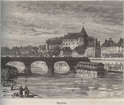 Mayenne on kunta Länsi-Ranskassa Pays de la Loiren alueella. Kaiverrus V.-A. on "La France illustree: maantiede, historia, hallintotilastot". Maltaanruskea. 1884 tekijältä French School