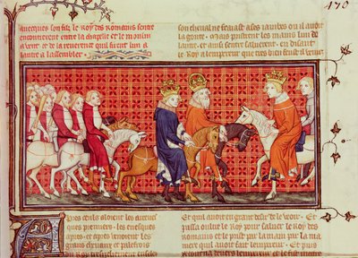 Ranskalaisen Kaarle V:n (1338-80) ja Pyhän Rooman keisarin Kaarle IV:n (1316-78) tapaaminen Rooman kuninkaan saattajana Grandes Chroniques de Francesta tekijältä French School