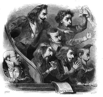 Romanttisen kirjallisuuden liikkeen jäseniä osallistumassa Victor Hugon teoksen "Hernani" (1802-1885) ensimmäiseen esitykseen Comedie Francaisessa Pariisissa 25. helmikuuta tekijältä French School